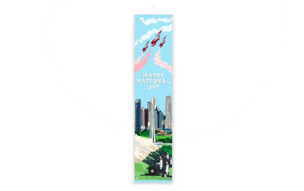 National Day banner with design of Singapore and gun salute